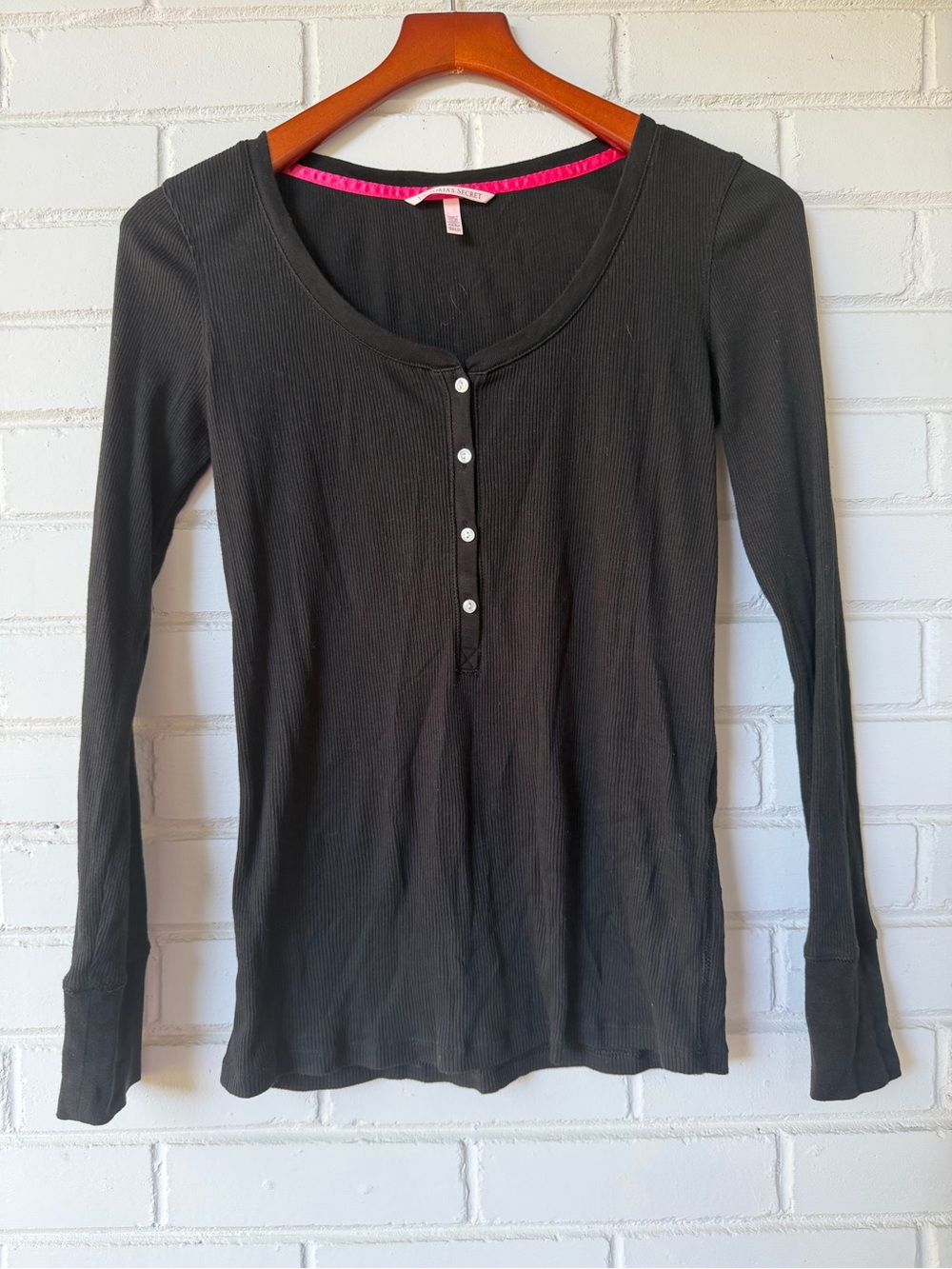 Victoria's Secret Black Ribbed Henley Long Sleeve Top with Pink Trim